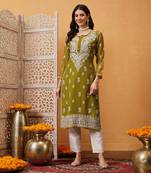Ada Women Hand Embroidered Mehndi Green Georgette Lucknow Chikan Kurta/Slip with Gota Patti Work - A411354