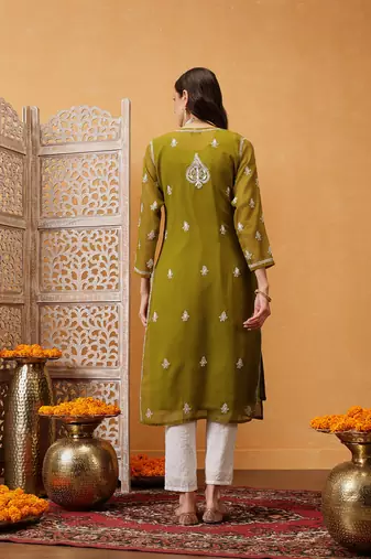 Ada Women Hand Embroidered Mehndi Green Georgette Lucknow Chikan Kurta/Slip with Gota Patti Work - A411354