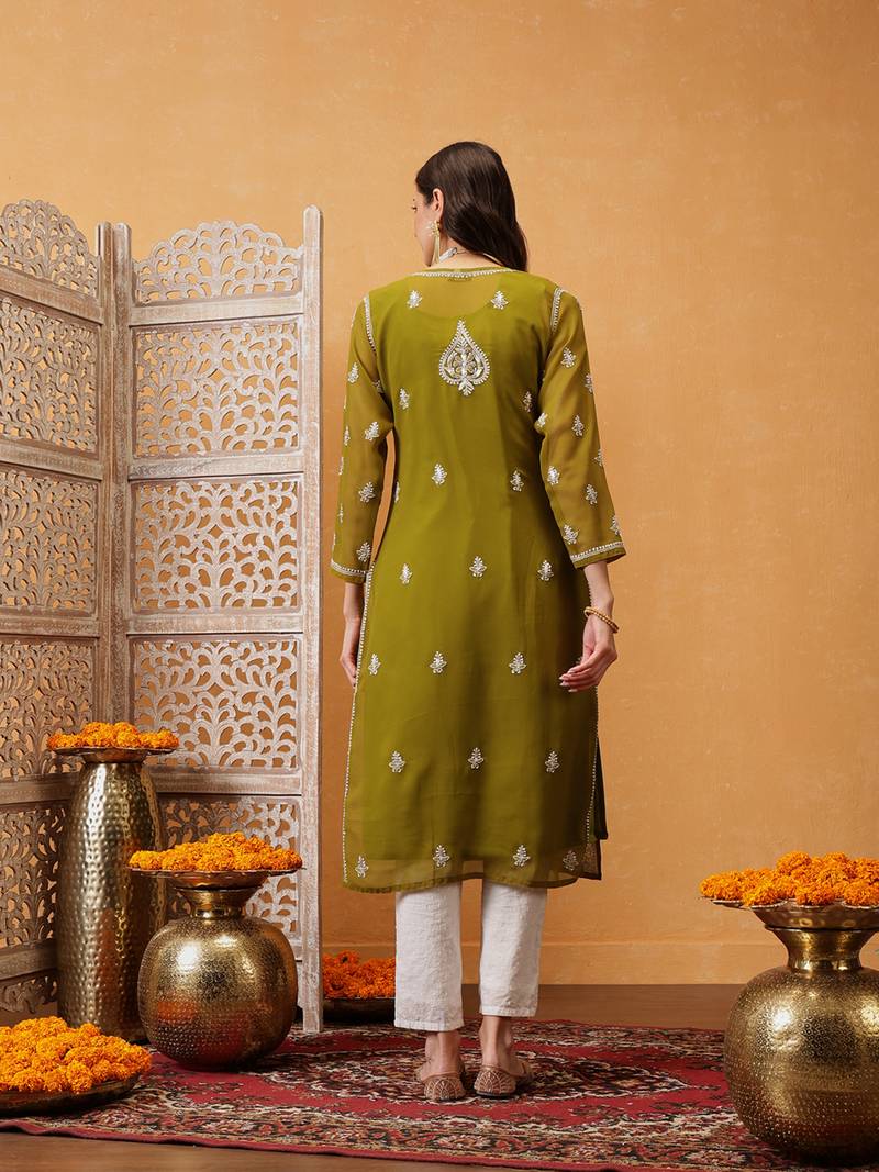 Ada Women Hand Embroidered Mehndi Green Georgette Lucknow Chikan Kurta/Slip with Gota Patti Work - A411354