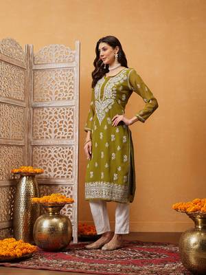 Ada Women Hand Embroidered Mehndi Green Georgette Lucknow Chikan Kurta/Slip with Gota Patti Work - A411354 3