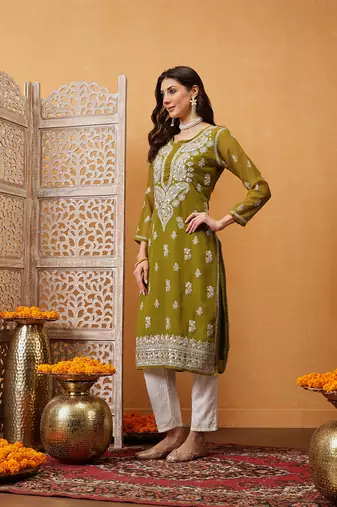 Ada Women Hand Embroidered Mehndi Green Georgette Lucknow Chikan Kurta/Slip with Gota Patti Work - A411354