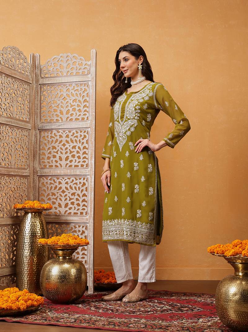 Ada Women Hand Embroidered Mehndi Green Georgette Lucknow Chikan Kurta/Slip with Gota Patti Work - A411354