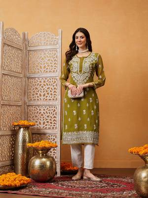 Ada Women Hand Embroidered Mehndi Green Georgette Lucknow Chikan Kurta/Slip with Gota Patti Work - A411354 4