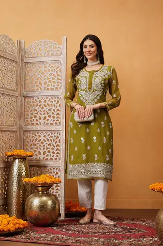 Ada Women Hand Embroidered Mehndi Green Georgette Lucknow Chikan Kurta/Slip with Gota Patti Work - A411354