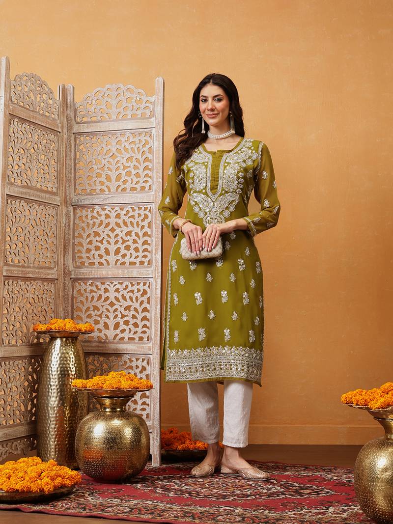 Ada Women Hand Embroidered Mehndi Green Georgette Lucknow Chikan Kurta/Slip with Gota Patti Work - A411354