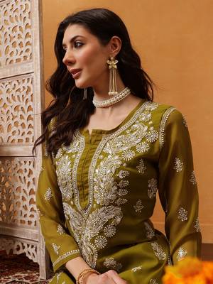 Ada Women Hand Embroidered Mehndi Green Georgette Lucknow Chikan Kurta/Slip with Gota Patti Work - A411354 5
