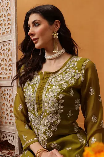 Ada Women Hand Embroidered Mehndi Green Georgette Lucknow Chikan Kurta/Slip with Gota Patti Work - A411354