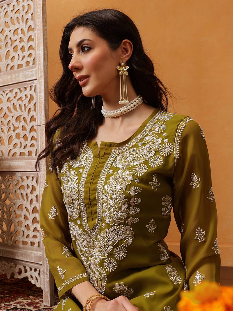 Ada Women Hand Embroidered Mehndi Green Georgette Lucknow Chikan Kurta/Slip with Gota Patti Work - A411354