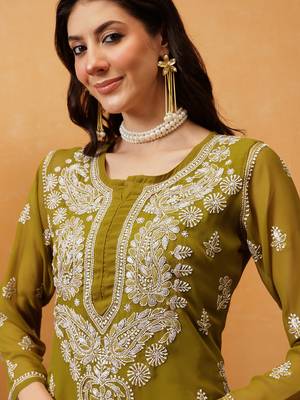 Ada Women Hand Embroidered Mehndi Green Georgette Lucknow Chikan Kurta/Slip with Gota Patti Work - A411354 6