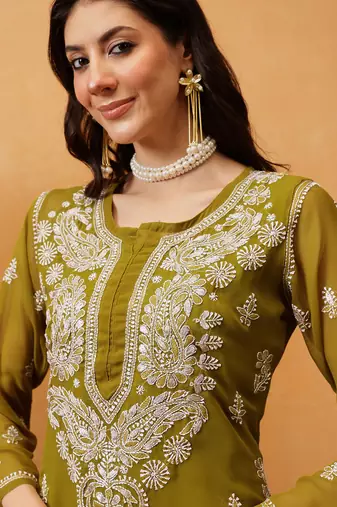 Ada Women Hand Embroidered Mehndi Green Georgette Lucknow Chikan Kurta/Slip with Gota Patti Work - A411354