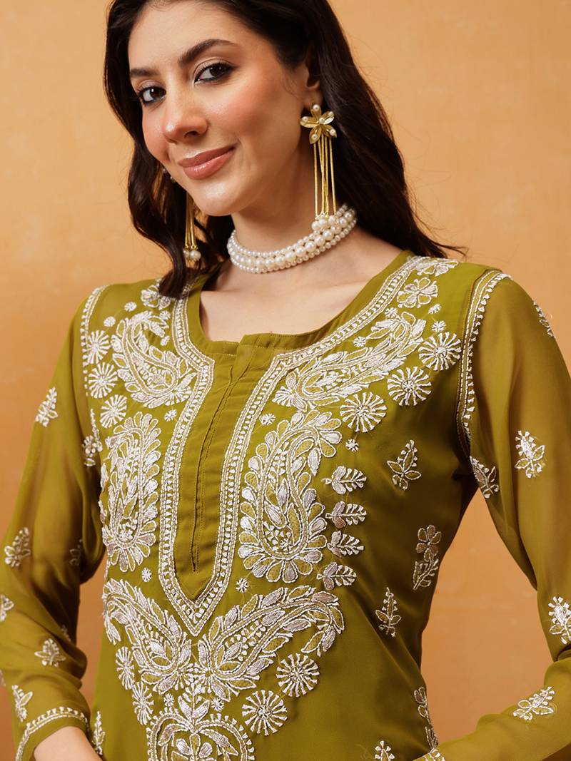 Ada Women Hand Embroidered Mehndi Green Georgette Lucknow Chikan Kurta/Slip with Gota Patti Work - A411354