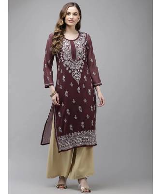 Ada Women Hand Embroidered Wine Georgette Lucknow Chikan Kurta/Slip with Gota Patti Work - A411357 1