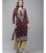 Ada Women Hand Embroidered Wine Georgette Lucknow Chikan Kurta/Slip with Gota Patti Work - A411357