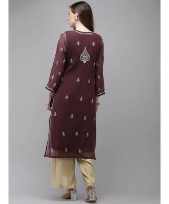 Ada Women Hand Embroidered Wine Georgette Lucknow Chikan Kurta/Slip with Gota Patti Work - A411357 2