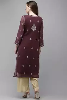 Ada Women Hand Embroidered Wine Georgette Lucknow Chikan Kurta/Slip with Gota Patti Work - A411357