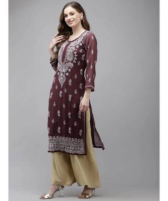 Ada Women Hand Embroidered Wine Georgette Lucknow Chikan Kurta/Slip with Gota Patti Work - A411357 3