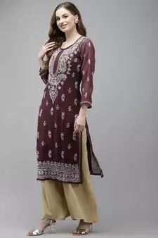 Ada Women Hand Embroidered Wine Georgette Lucknow Chikan Kurta/Slip with Gota Patti Work - A411357