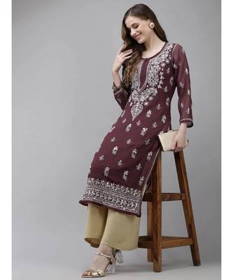 Ada Women Hand Embroidered Wine Georgette Lucknow Chikan Kurta/Slip with Gota Patti Work - A411357 4