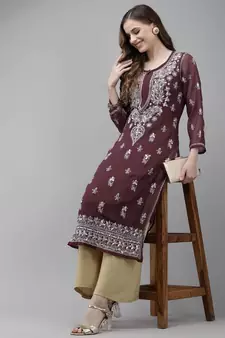 Ada Women Hand Embroidered Wine Georgette Lucknow Chikan Kurta/Slip with Gota Patti Work - A411357