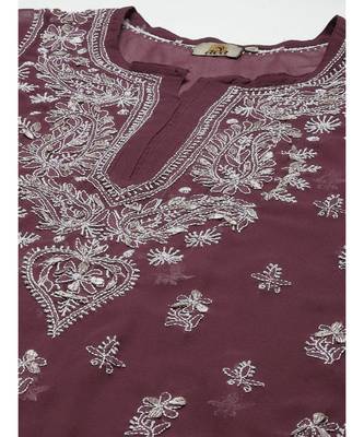 Ada Women Hand Embroidered Wine Georgette Lucknow Chikan Kurta/Slip with Gota Patti Work - A411357 5