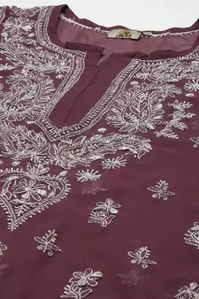 Ada Women Hand Embroidered Wine Georgette Lucknow Chikan Kurta/Slip with Gota Patti Work - A411357