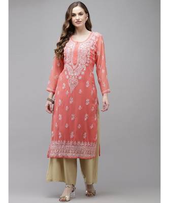 Ada Women Hand Embroidered Peach Georgette Lucknow Chikan Kurta/Slip with Gota Patti work - A411356 1