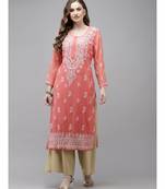 Ada Women Hand Embroidered Peach Georgette Lucknow Chikan Kurta/Slip with Gota Patti work - A411356