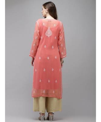 Ada Women Hand Embroidered Peach Georgette Lucknow Chikan Kurta/Slip with Gota Patti work - A411356 2