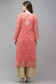 Ada Women Hand Embroidered Peach Georgette Lucknow Chikan Kurta/Slip with Gota Patti work - A411356