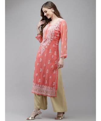 Ada Women Hand Embroidered Peach Georgette Lucknow Chikan Kurta/Slip with Gota Patti work - A411356 3