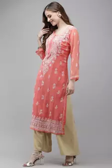 Ada Women Hand Embroidered Peach Georgette Lucknow Chikan Kurta/Slip with Gota Patti work - A411356