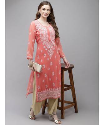 Ada Women Hand Embroidered Peach Georgette Lucknow Chikan Kurta/Slip with Gota Patti work - A411356 4