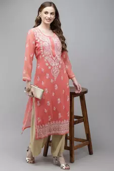 Ada Women Hand Embroidered Peach Georgette Lucknow Chikan Kurta/Slip with Gota Patti work - A411356