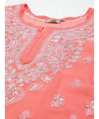 Ada Women Hand Embroidered Peach Georgette Lucknow Chikan Kurta/Slip with Gota Patti work - A411356 5