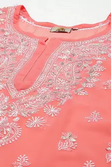Ada Women Hand Embroidered Peach Georgette Lucknow Chikan Kurta/Slip with Gota Patti work - A411356