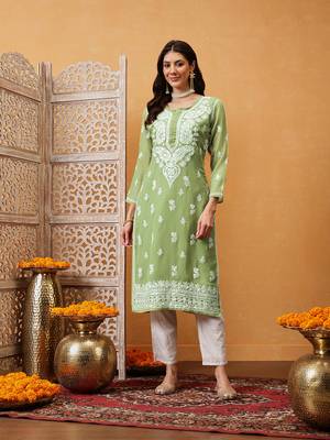 Hand Embroidered Pista Green Georgette Lucknow Chikan Kurta/Slip With Gota Patti Work 1