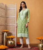 Hand Embroidered Pista Green Georgette Lucknow Chikan Kurta/Slip With Gota Patti Work
