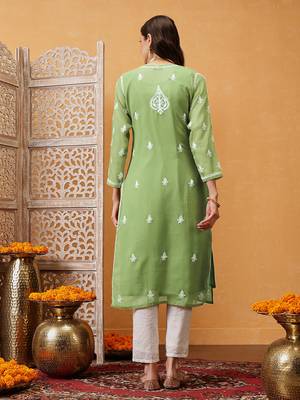 Hand Embroidered Pista Green Georgette Lucknow Chikan Kurta/Slip With Gota Patti Work 2