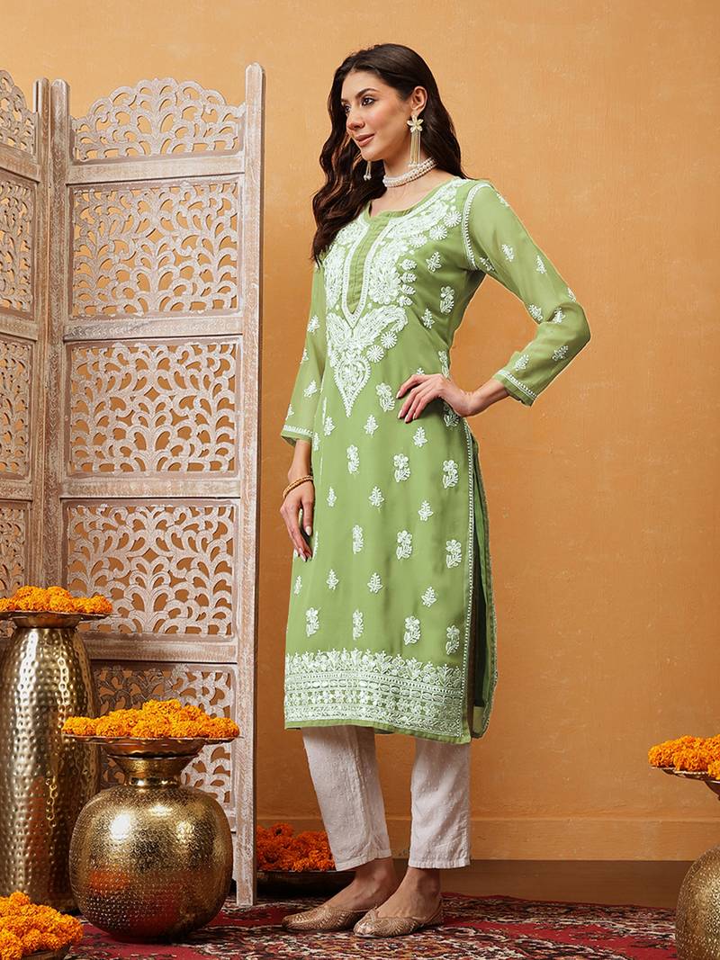 Hand Embroidered Pista Green Georgette Lucknow Chikan Kurta/Slip With Gota Patti Work