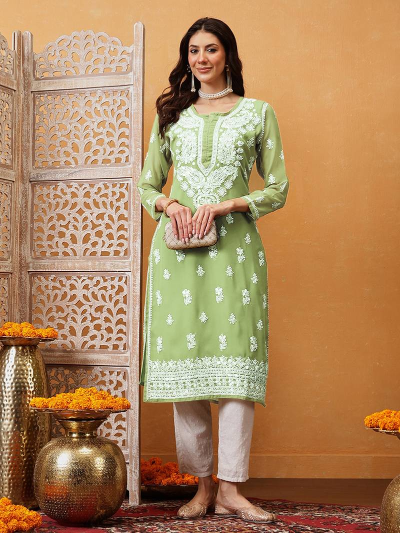 Hand Embroidered Pista Green Georgette Lucknow Chikan Kurta/Slip With Gota Patti Work