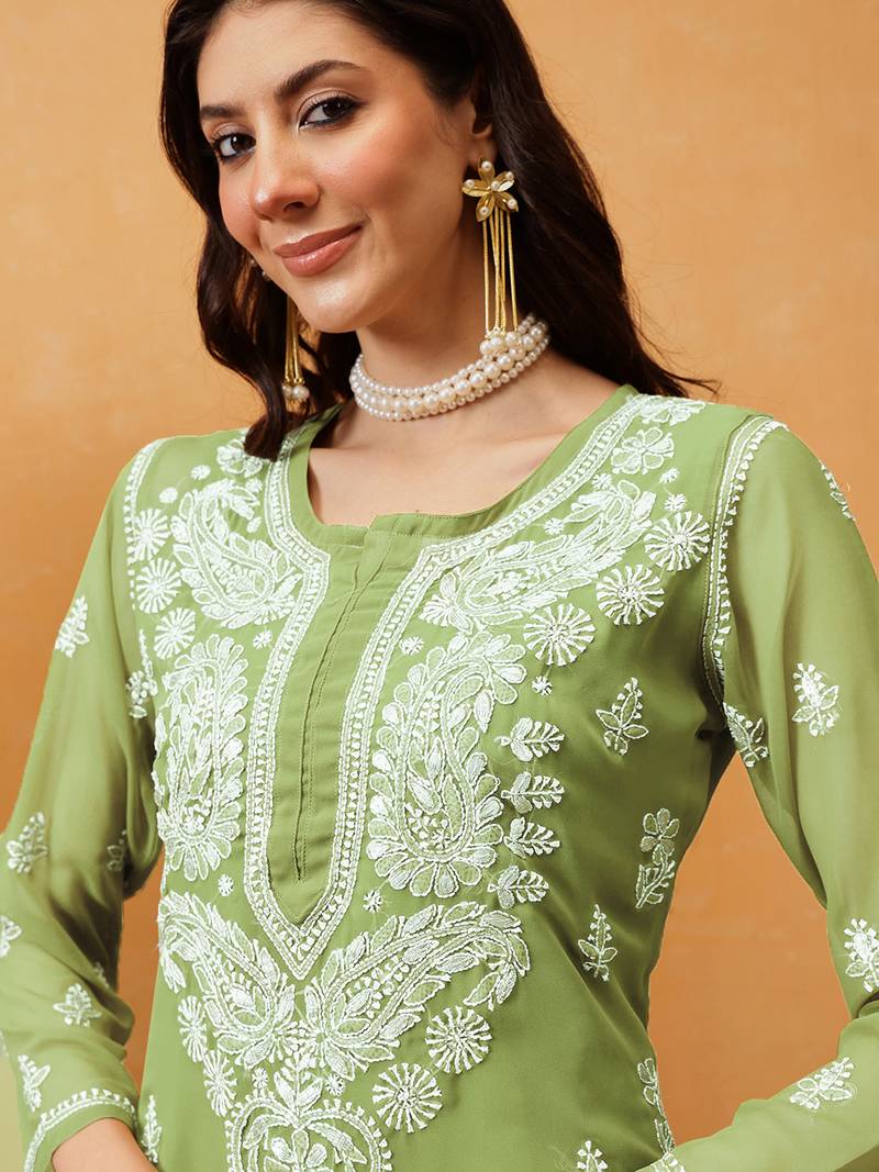 Hand Embroidered Pista Green Georgette Lucknow Chikan Kurta/Slip With Gota Patti Work