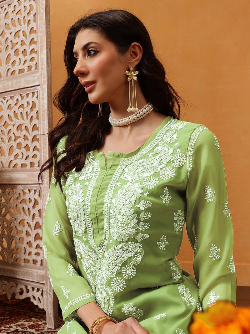 Hand Embroidered Pista Green Georgette Lucknow Chikan Kurta/Slip With Gota Patti Work