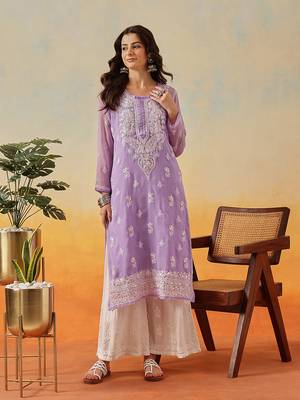 Women Hand Embroidered Mauve Georgette Lucknow Chikan Kurta And Slip With Gota Patti Work 1