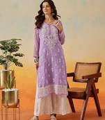 Women Hand Embroidered Mauve Georgette Lucknow Chikan Kurta And Slip With Gota Patti Work