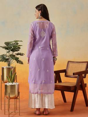 Women Hand Embroidered Mauve Georgette Lucknow Chikan Kurta And Slip With Gota Patti Work 2