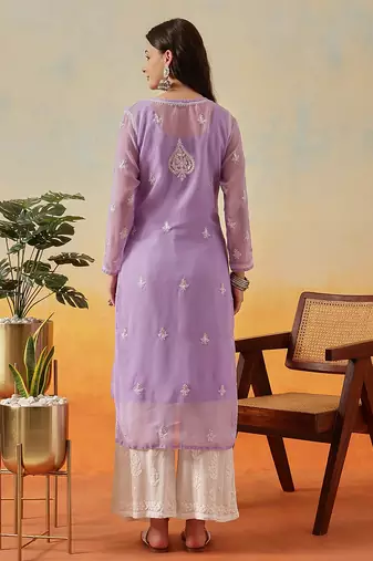 Women Hand Embroidered Mauve Georgette Lucknow Chikan Kurta And Slip With Gota Patti Work