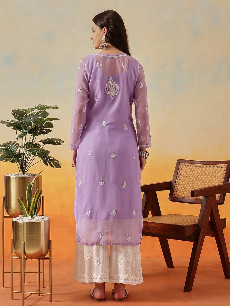 Women Hand Embroidered Mauve Georgette Lucknow Chikan Kurta And Slip With Gota Patti Work