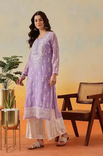 Women Hand Embroidered Mauve Georgette Lucknow Chikan Kurta And Slip With Gota Patti Work