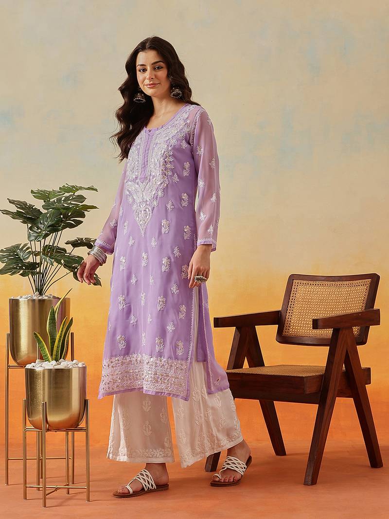 Women Hand Embroidered Mauve Georgette Lucknow Chikan Kurta And Slip With Gota Patti Work