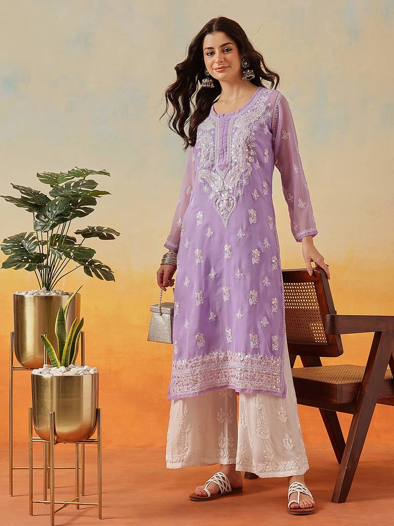 Women Hand Embroidered Mauve Georgette Lucknow Chikan Kurta And Slip With Gota Patti Work